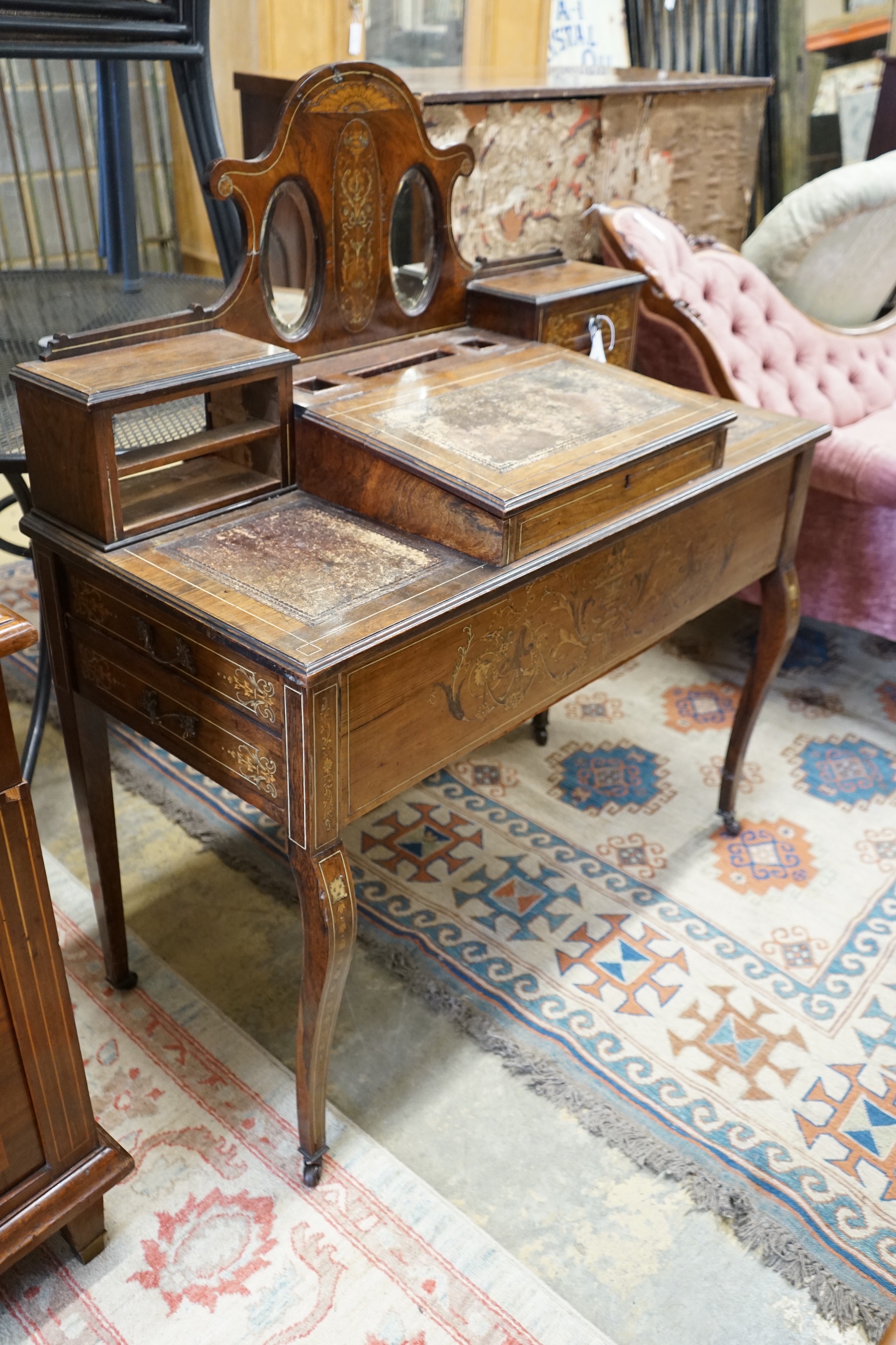 An Edwardian inlaid rosewood writing desk, width 98cm, depth 46cm, height 113cm